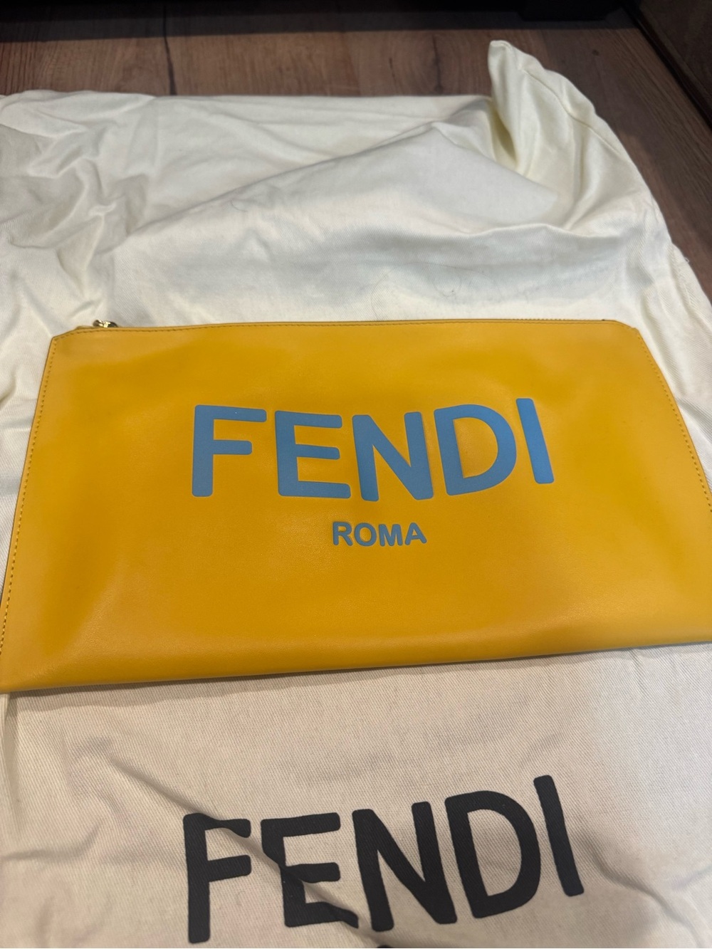 Fendi Yellow Leather Pouch with Blue FENDI ROMA Logo